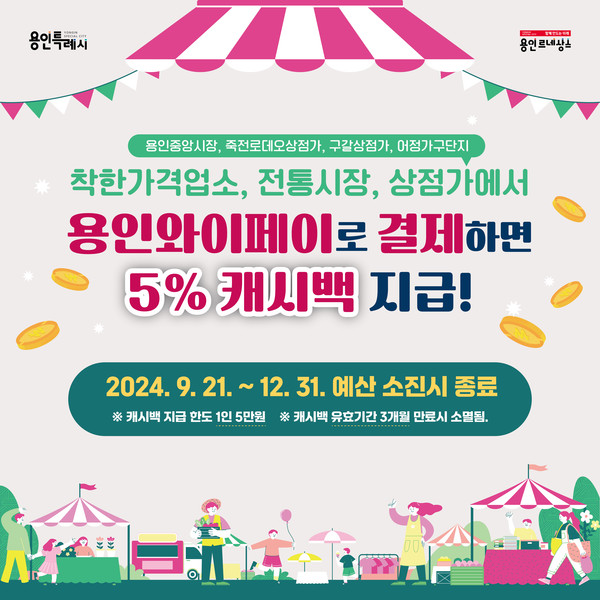 ▲ 용인특례시 전통시장, 상점가 이용시 용인와이페이 추가 캐시백 5% 지급 홍보 배너