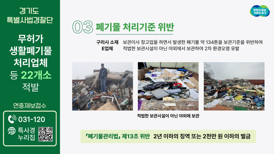 ▲ 경기도 특사경, 생활폐기물 불법 수집·운반·처리 업체 '무더기 적발'